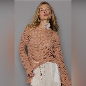 🆕 Crochet Mesh Knit Boat Neck Bell Sleeve Top Coral